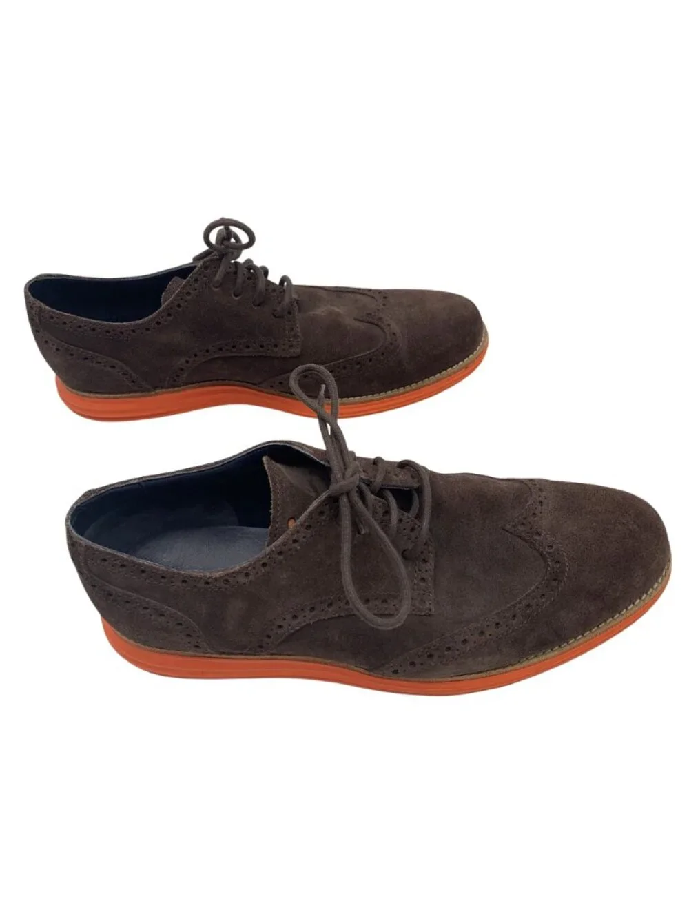 Cole Haan LunarGrand Brown Suede Wingtip Oxford Shoes Orange Soles Men 10.5
